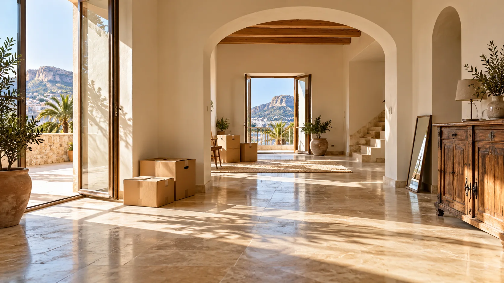 Interior mediterráneo con muebles y cajas, fotografía ilustrativa